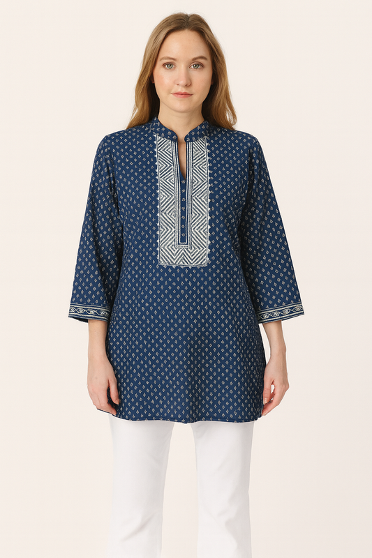 Women's navy blue cotton blouse with cross-stitch embroidery in 2XL