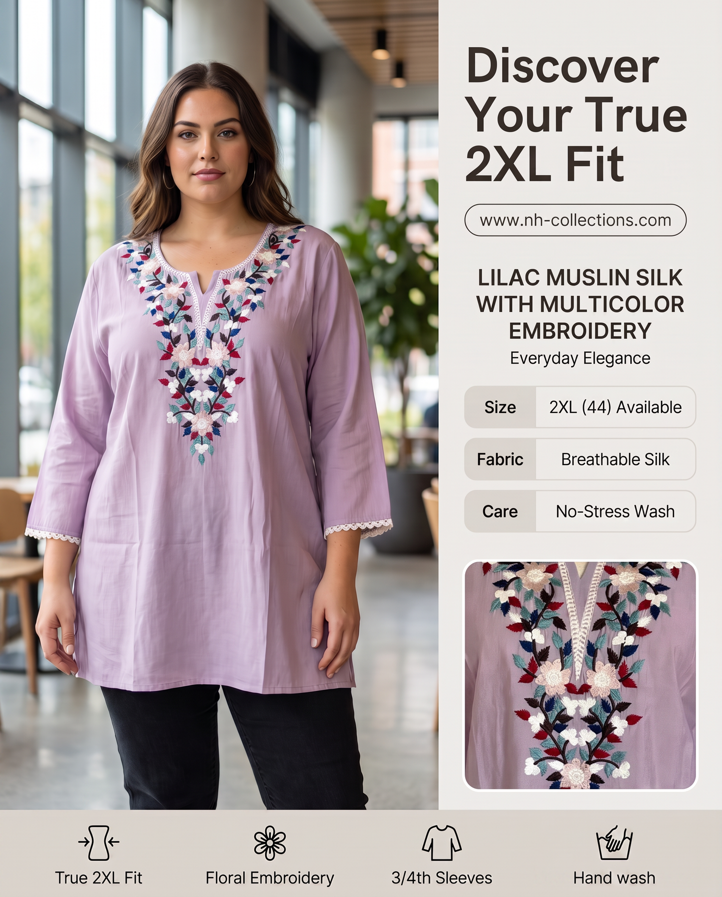 Women's lilac color muslin silk blouse in 2XL