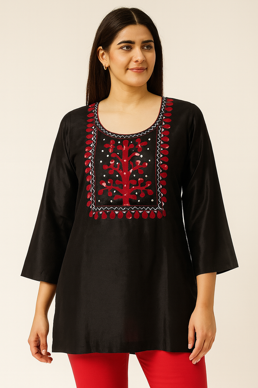 Women's black color blouse with applique work in 2XL