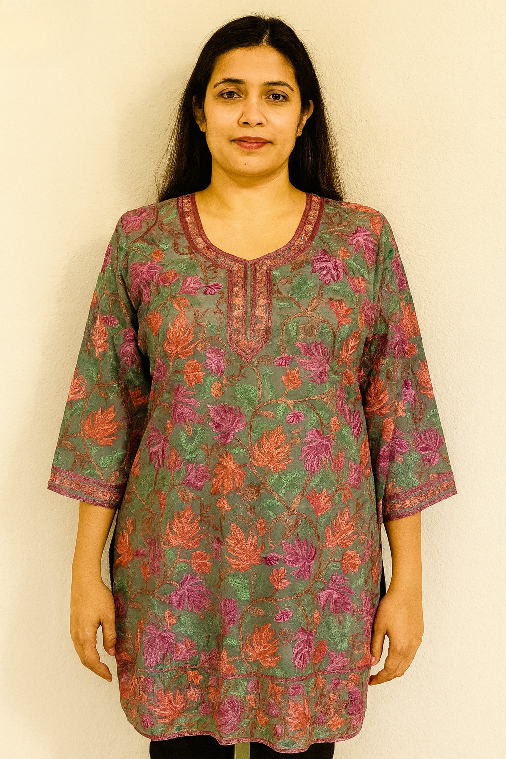 Women's greyish green georgette blouse with Kashmiri aari work in XL