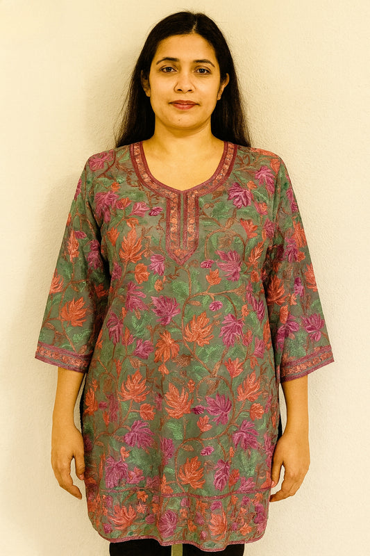 Women's greyish green georgette blouse with Kashmiri aari work in XL