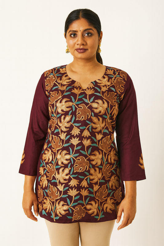 Women's wine color Kashmiri aari work blouse in 2XL