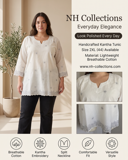Women’s off-white cotton top with light grey kantha work in XXL