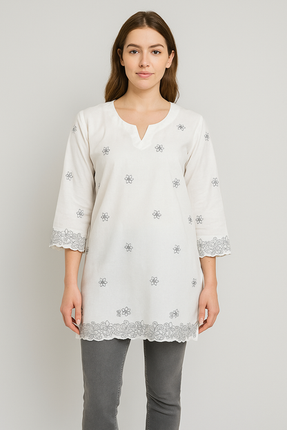 Women’s off-white cotton top with light grey kantha work in XXL