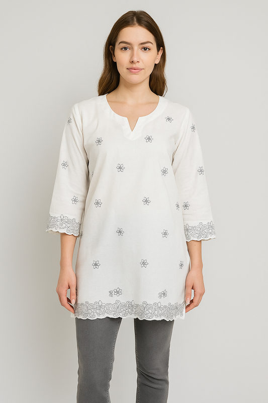 Women’s off-white cotton top with light grey kantha work in XXL