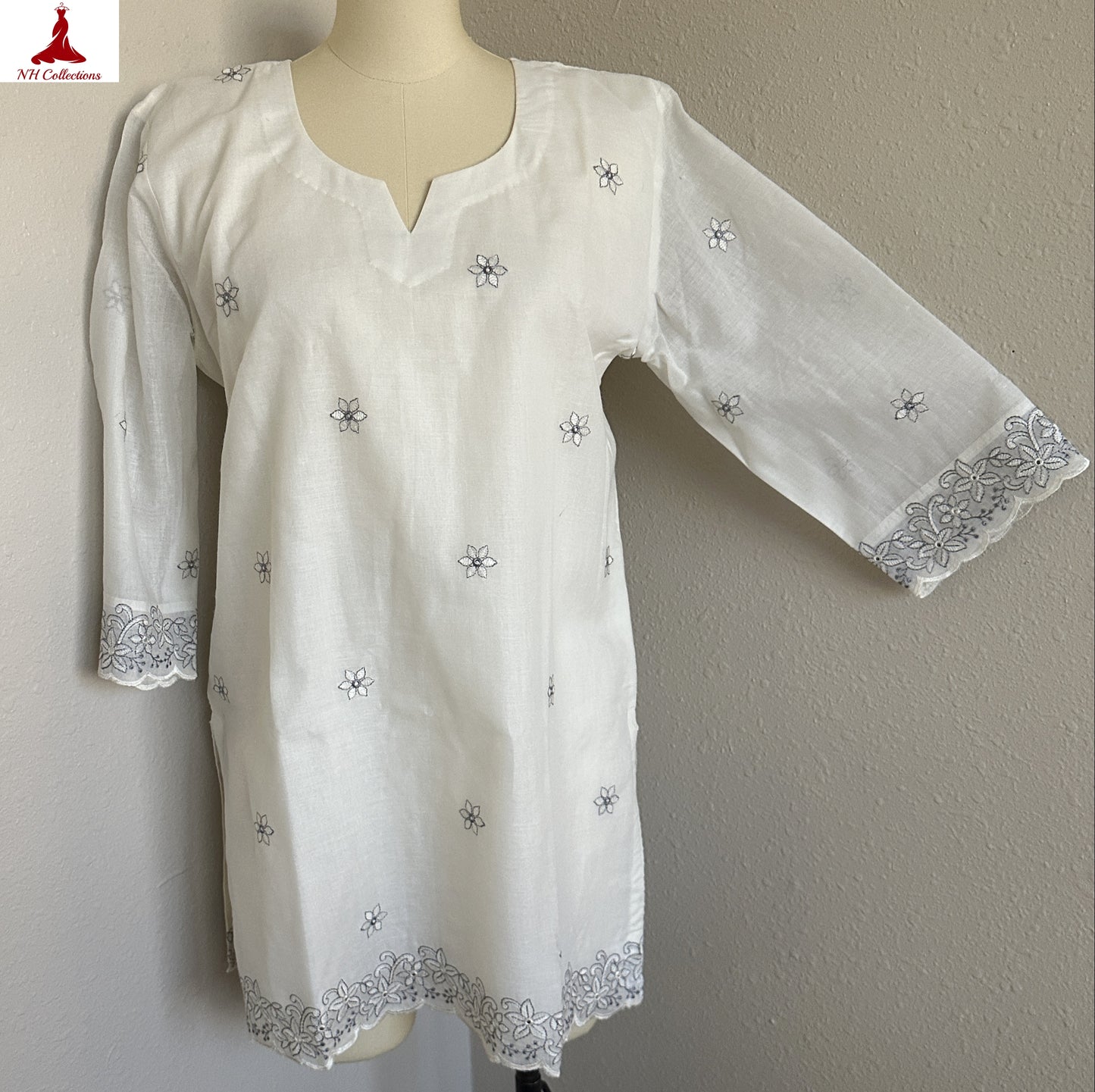 Women’s off-white cotton top with light grey kantha work in XXL