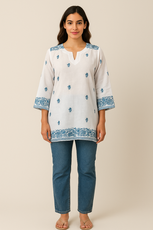 Women’s White & Blue Embroidered Cotton Top in XXL