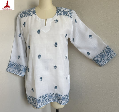 Women’s White & Blue Embroidered Cotton Top in XXL