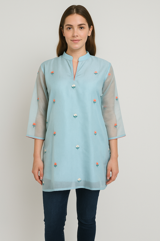Women’s Sky Blue Embroidered Organza in XXL