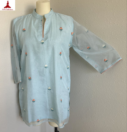 Women’s Sky Blue Embroidered Organza in XXL
