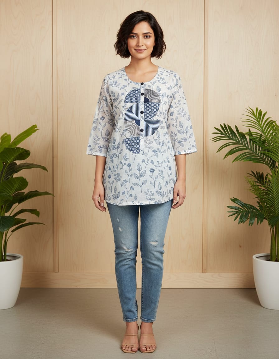 White with blueprint and applique semi-circle Top in M