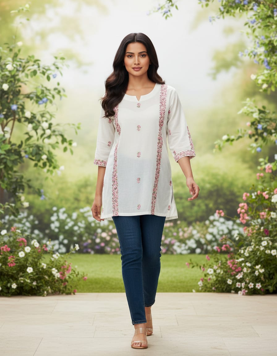 Off white dobby cotton with multi-colored vertical embroidery lines in M