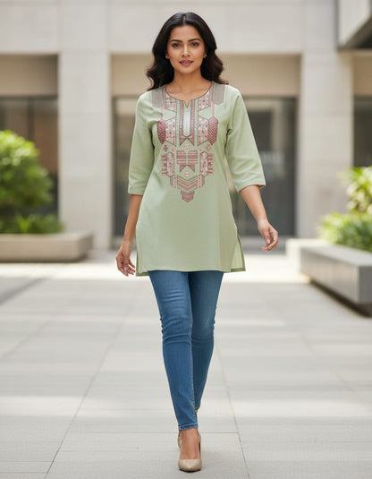 Women's Pastel Green cotton top with thread embroidery and foil mirror work in M