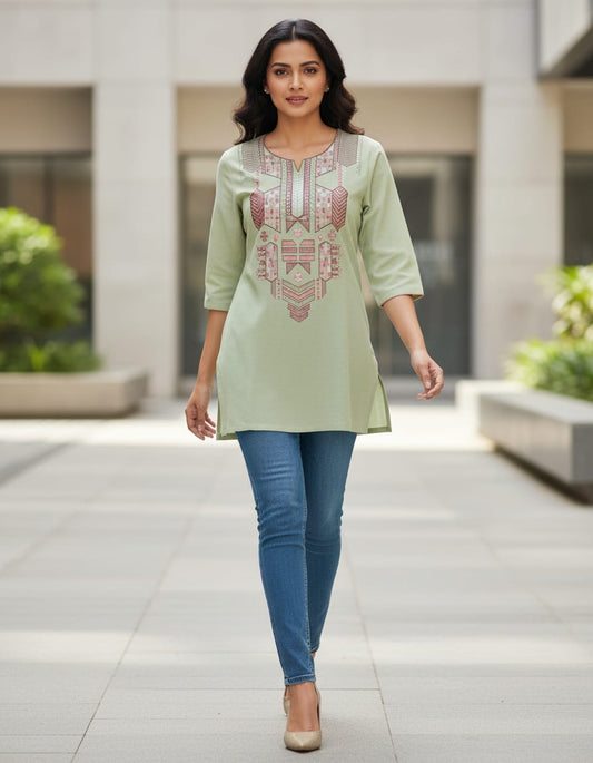 Women's Pastel Green cotton top with thread embroidery and foil mirror work in M