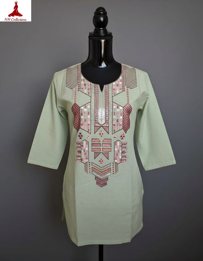 Women's Pastel Green cotton top with thread embroidery and foil mirror work in M