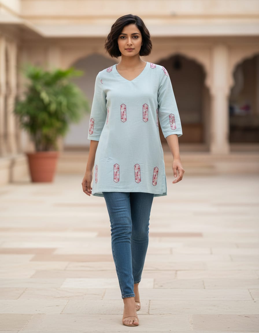 Women's Sky Blue muslin silk top with vertical embroidery design in XS