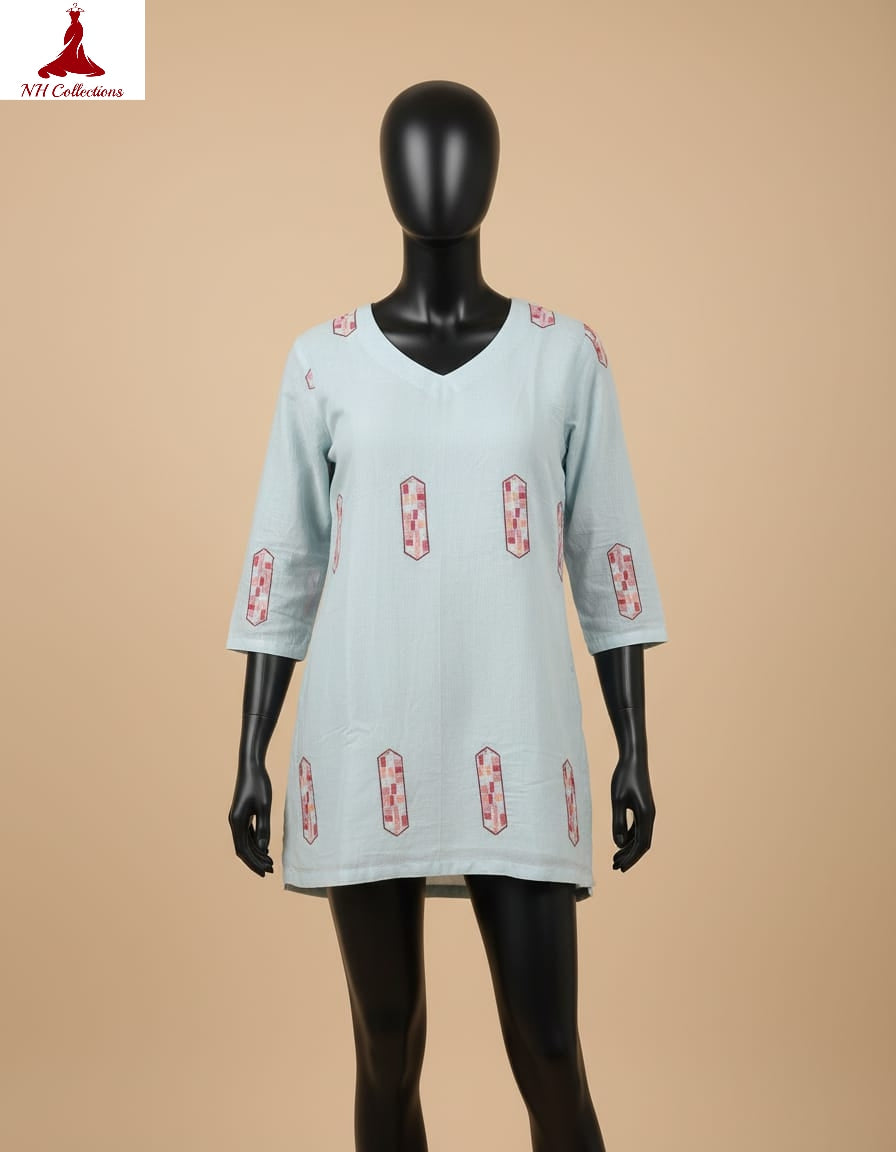 Women's Sky Blue muslin silk top with vertical embroidery design in XS