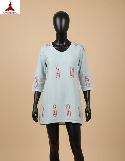 Women's Sky Blue muslin silk top with vertical embroidery design in XS