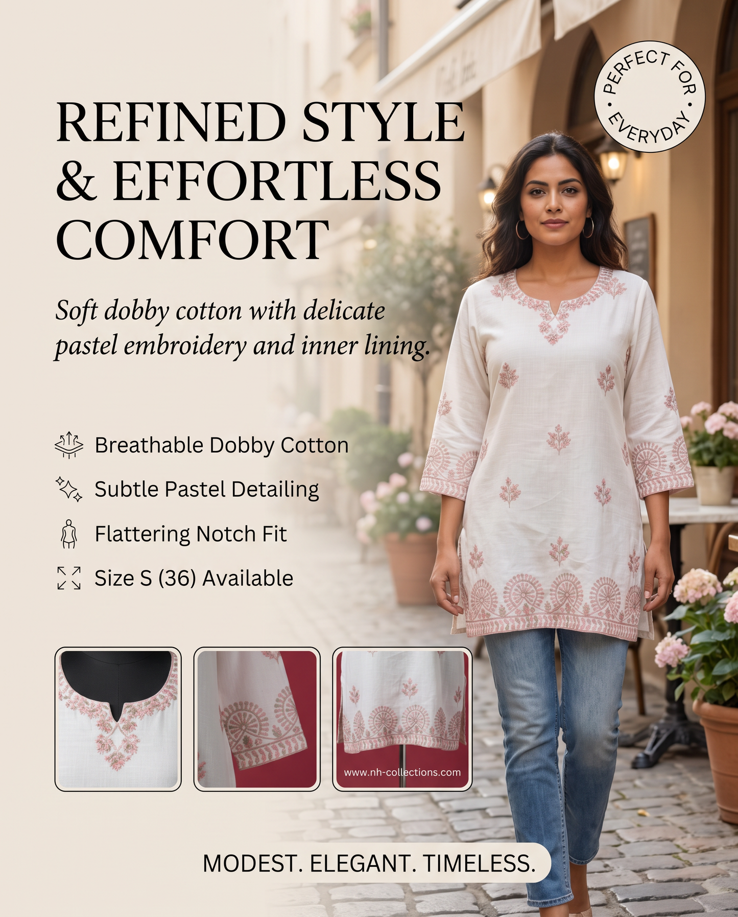 Women's Off-white dobby cotton top with thread embroidery in S
