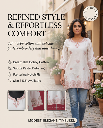 Women's Off-white dobby cotton top with thread embroidery in S