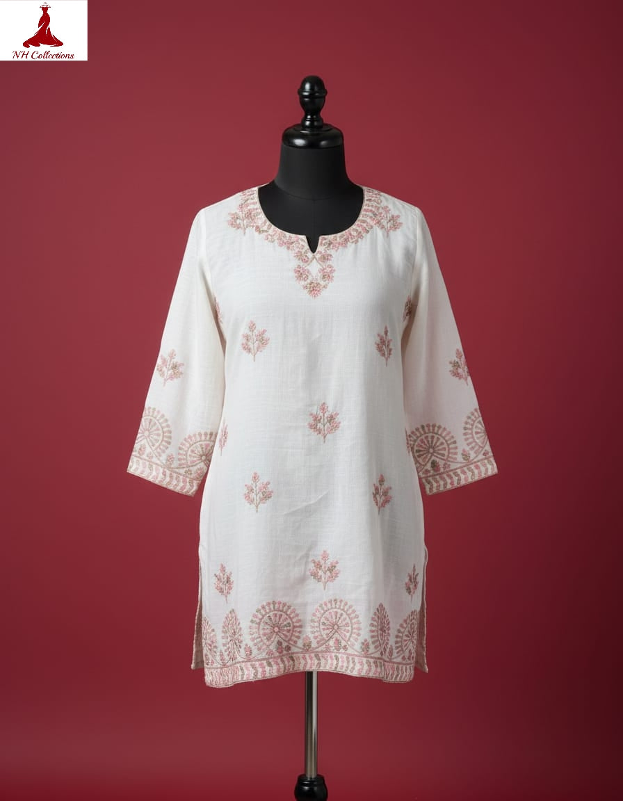 Women's Off-white dobby cotton top with thread embroidery in S