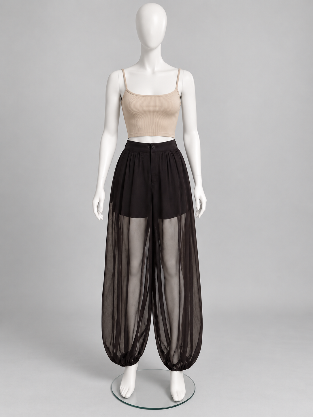Women's Chocolate Brown Sheer Harem Pants with Attached Inner Shorts in M