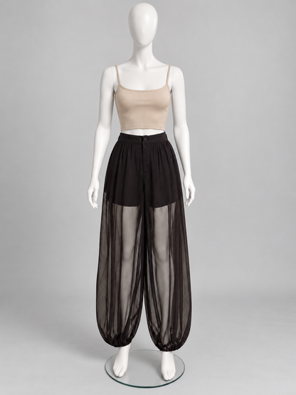 Women's Chocolate Brown Sheer Harem Pants with Attached Inner Shorts in M