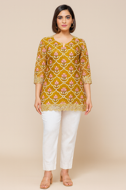 Women's mustard yellow organza blouse in XL