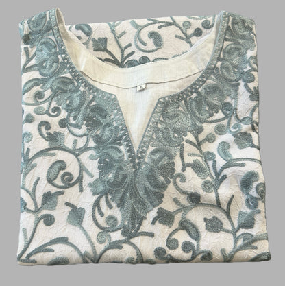 Women's light grey crushed cotton top with Kashmiri aari work in L