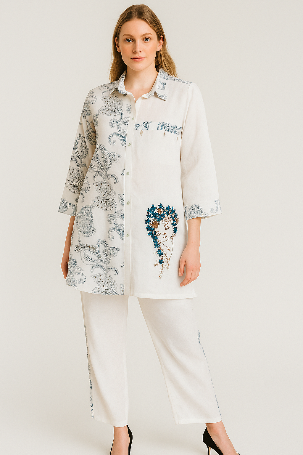 Women's white co-ordset with face embroidery in M
