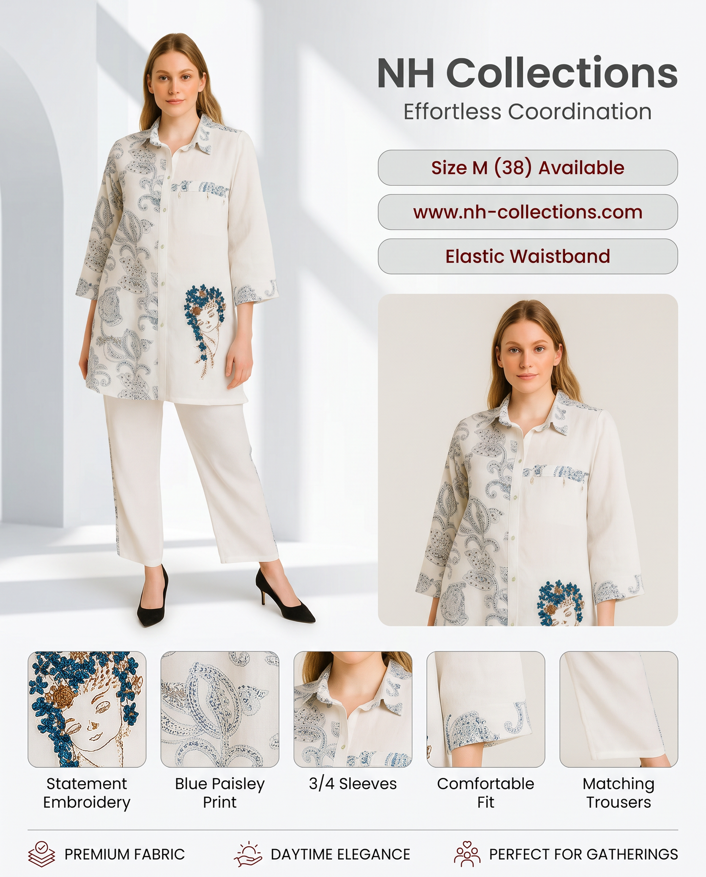 Women's white co-ordset with face embroidery in M - additional product view