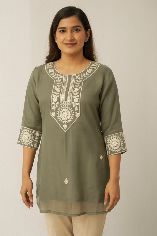 Women's greenish grey glass organza blouse in M