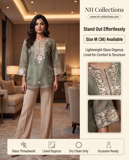 Women's greenish grey glass organza blouse in M