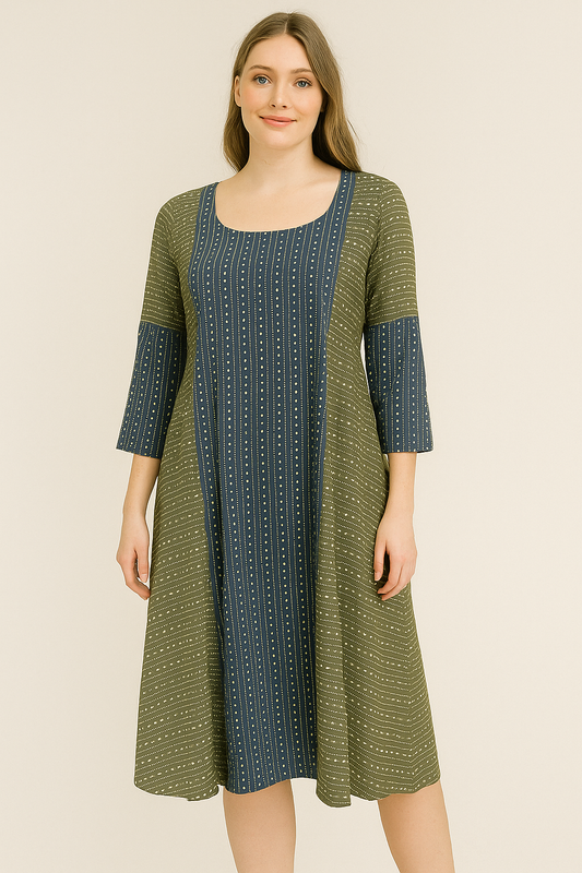 Women's olive green and navy blue strip printed Aline frock in M