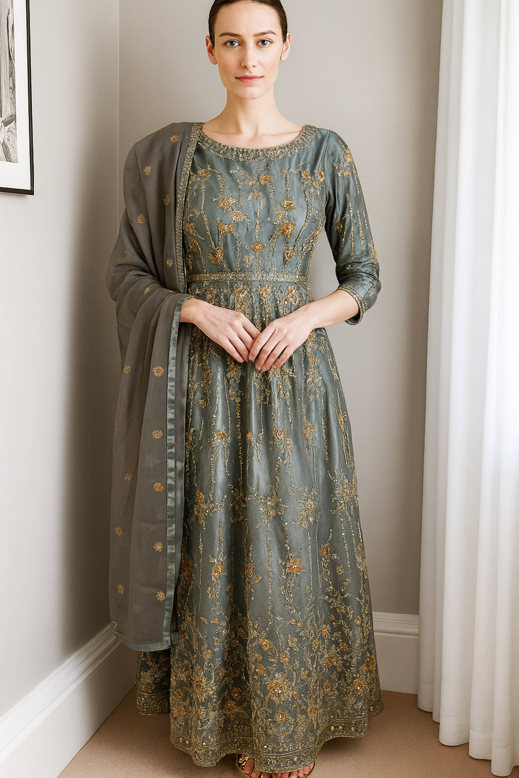 Women’s steel grey formal gown with golden embroidery and sequins in XXS