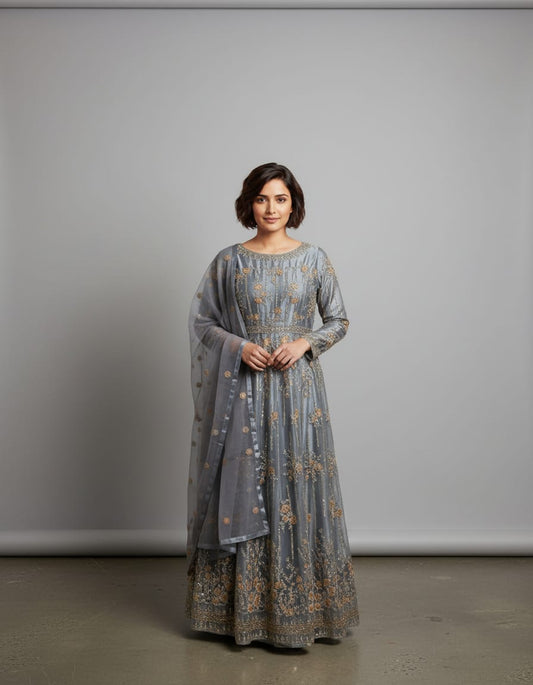 Women’s steel grey formal gown with golden embroidery and sequins in XXS