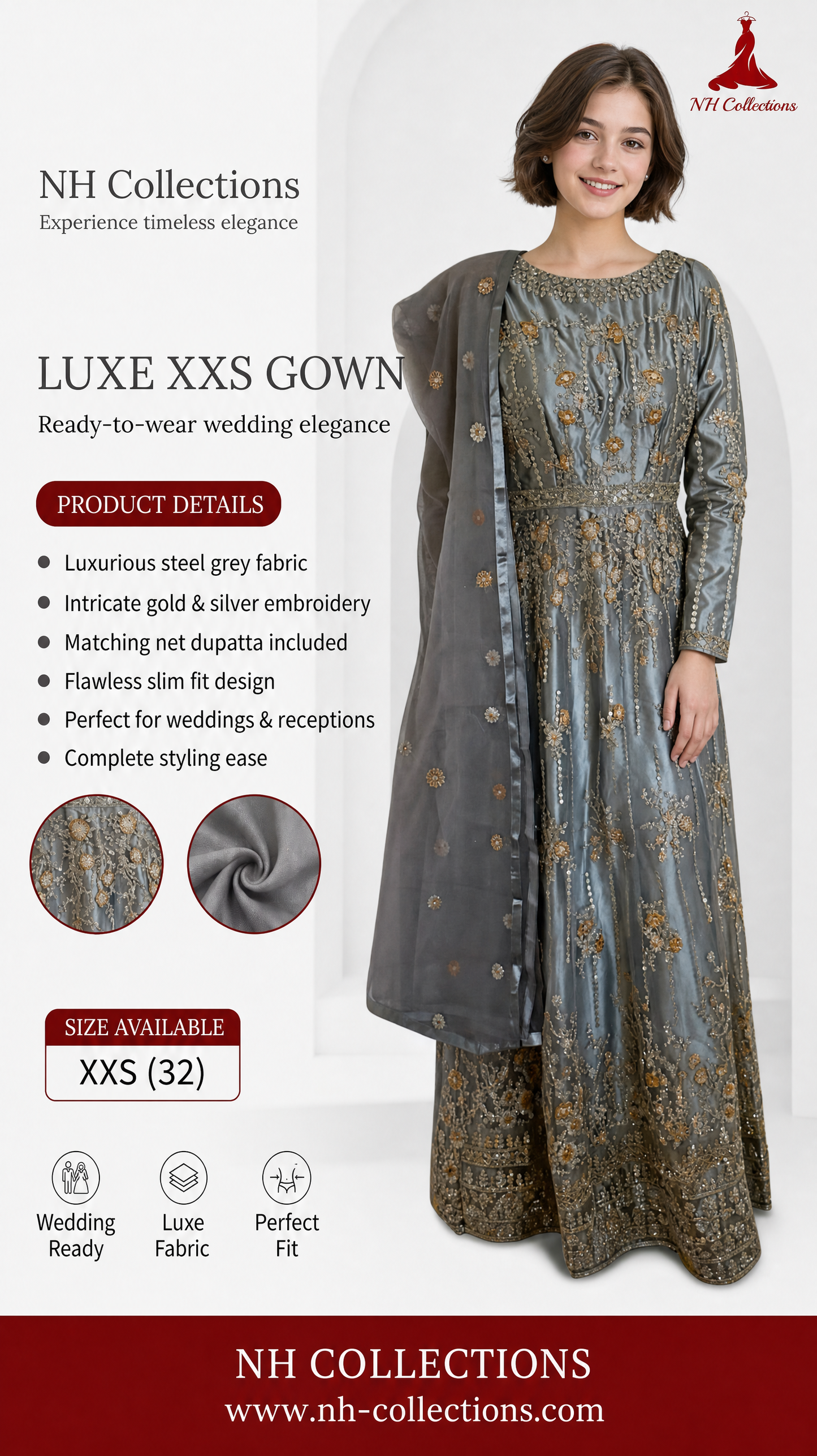 Women’s steel grey formal gown with golden embroidery and sequins in XXS