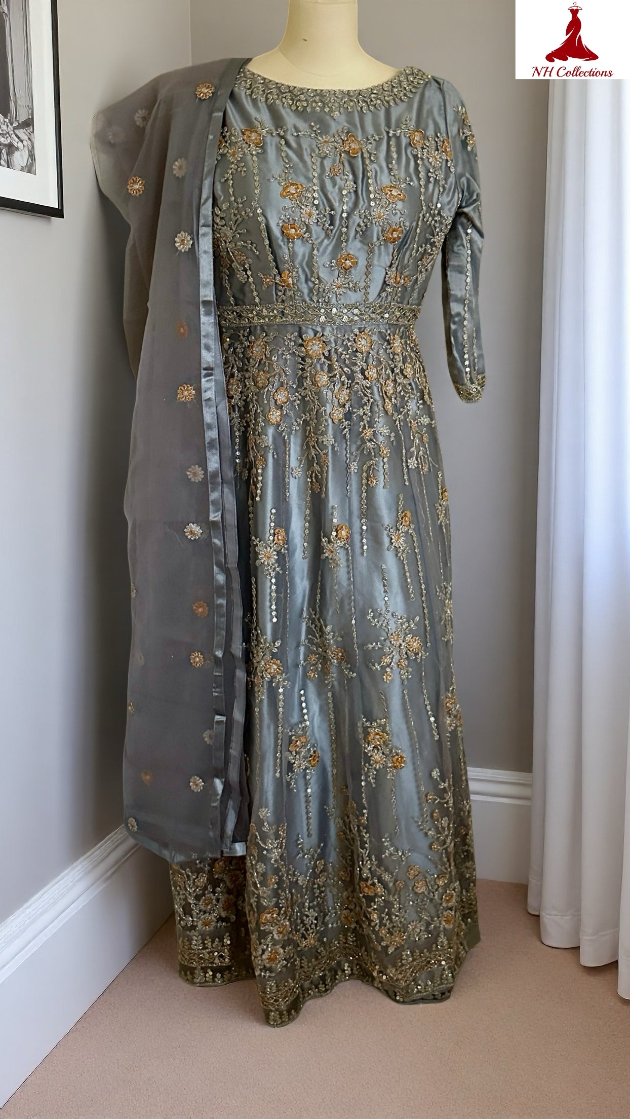 Women’s steel grey formal gown with golden embroidery and sequins in XXS