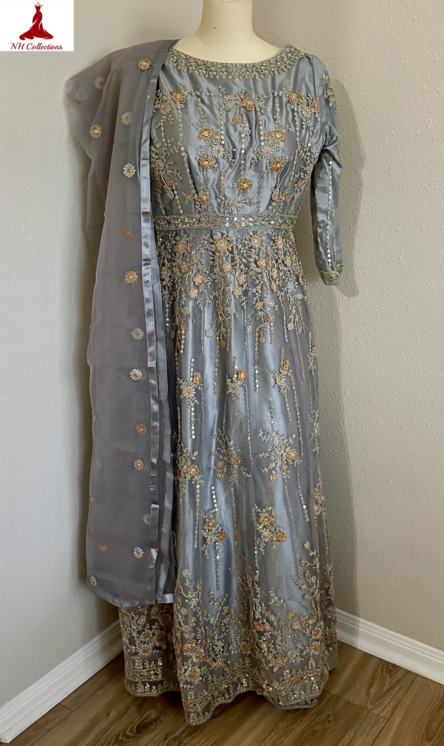 Women’s steel grey formal gown with golden embroidery and sequins in XXS