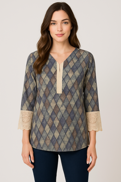 Women's blue color cotton blouse with diamond print in XS