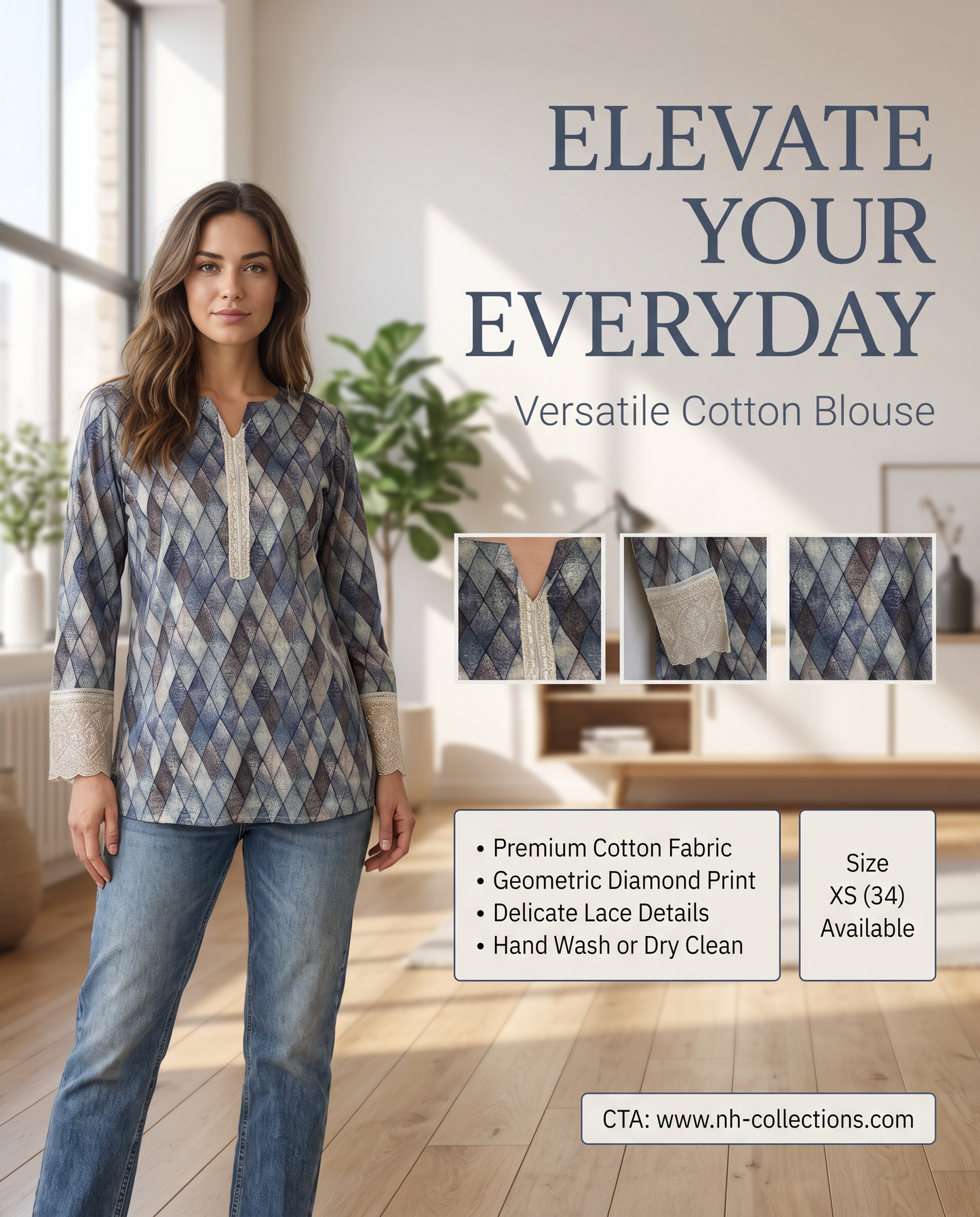 Women's blue color cotton blouse with diamond print in XS