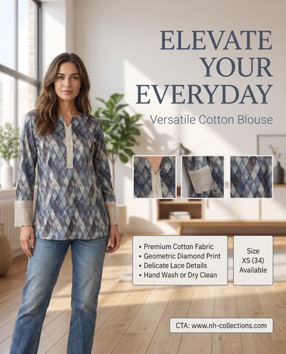 Women's blue color cotton blouse with diamond print in XS