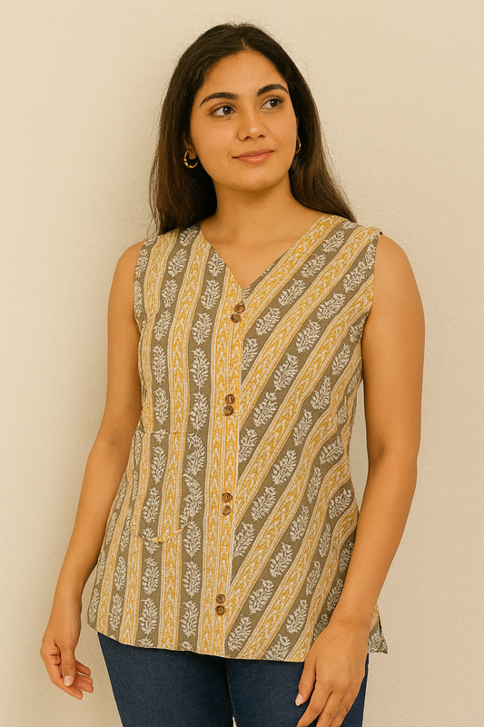 Women's sleeveless block printed cotton blouse in XS