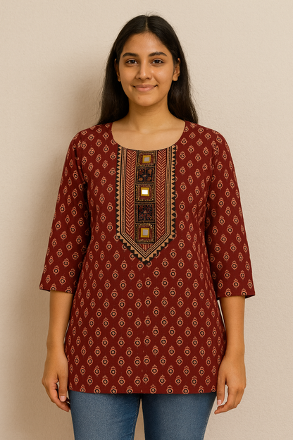 Women's maroon color cotton blouse with mirror work in S