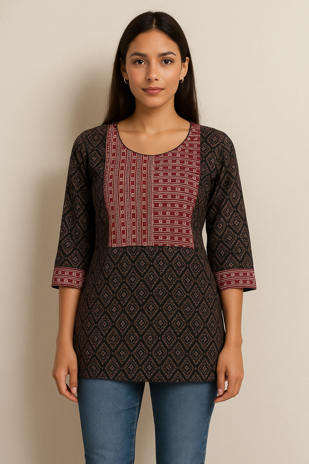 Women's black printed cotton blouse with red strip printed patch on the neck in M