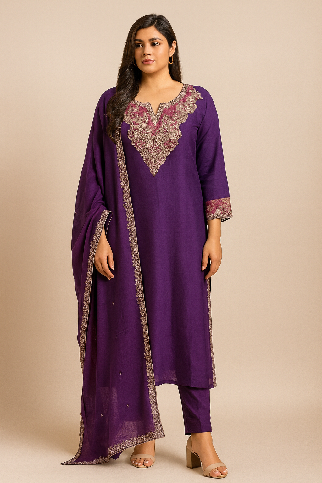 Women's muslin silk purple kurta set with organza applique neck in L