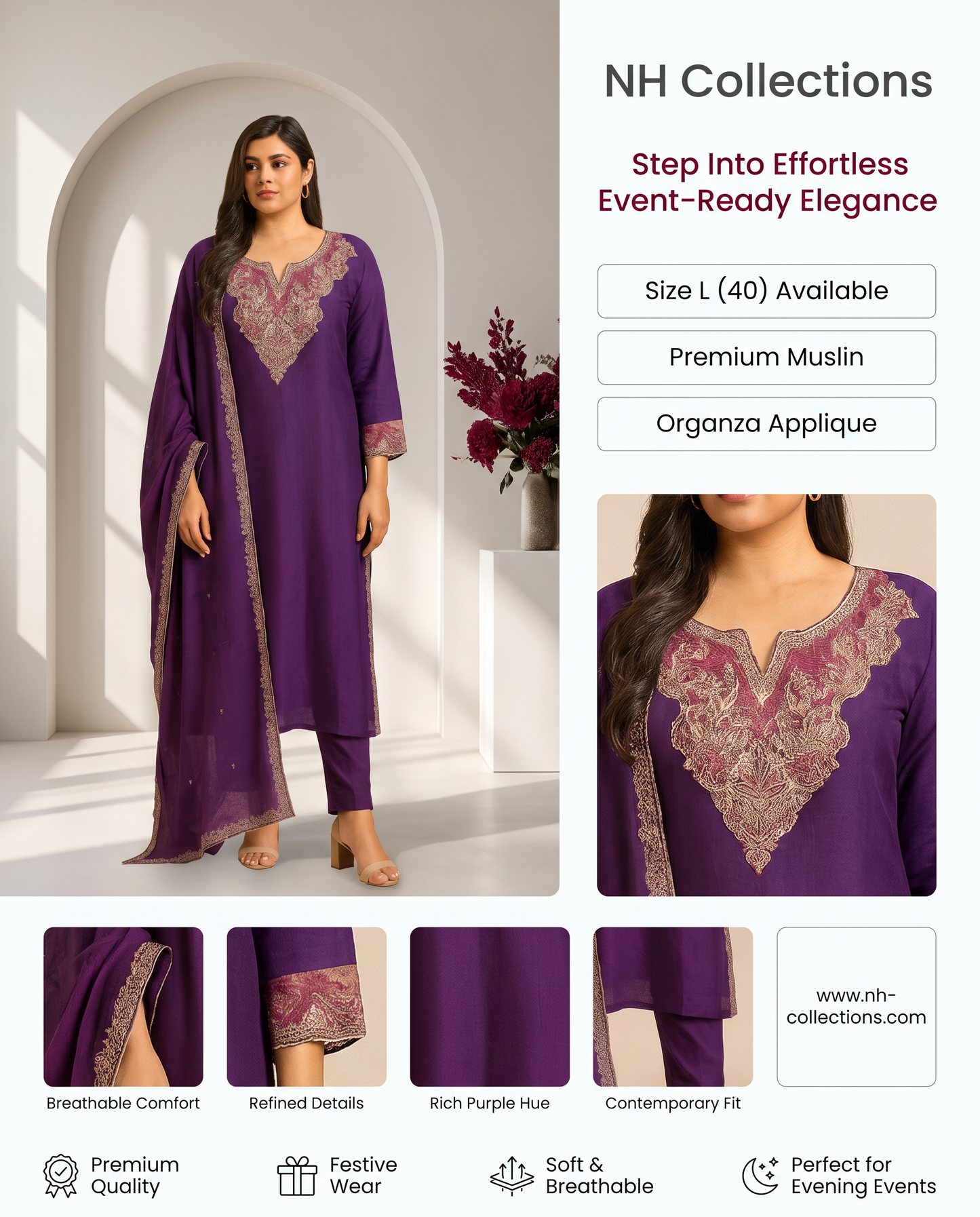 Women's muslin silk purple kurta set with organza applique neck in L - additional product view