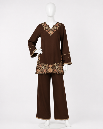 Women's Premium German Rayon Embroidered Coord Set in Brown & Dark Green