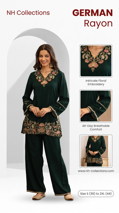 Women's Premium German Rayon Embroidered Coord Set in Brown & Dark Green