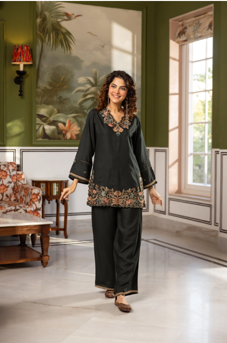 Women's Premium German Rayon Embroidered Coord Set in Brown & Dark Green